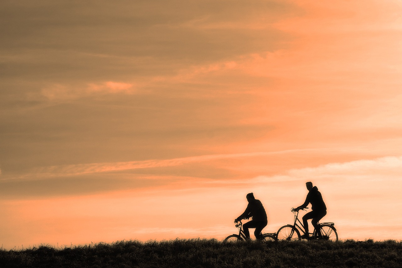 Silhouette of people riding bikes at sunset